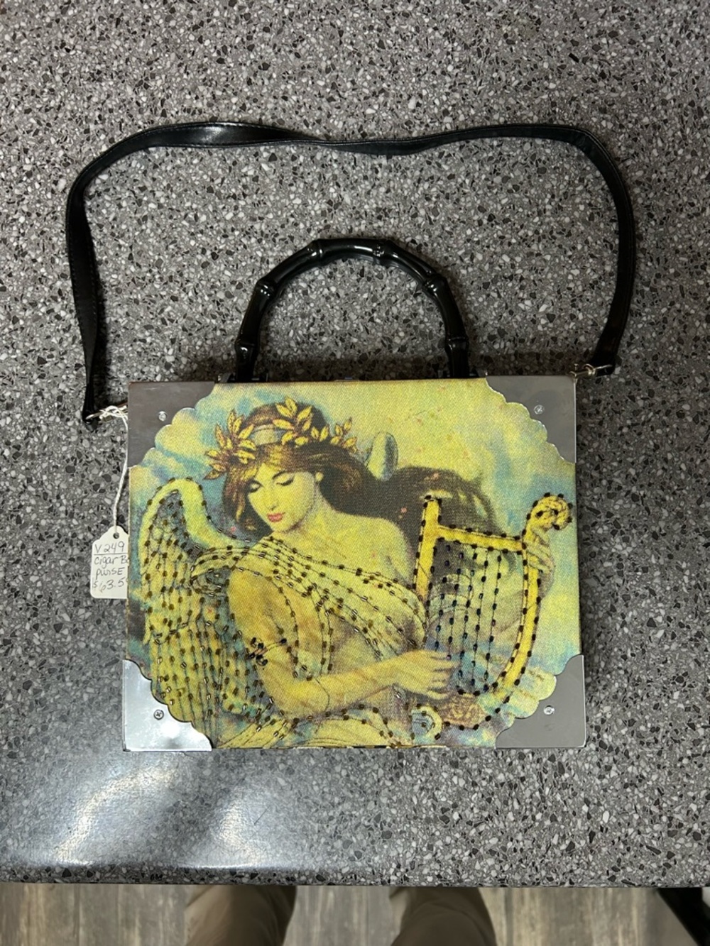 Vintage-Style Yellow Angel Harp Print Cigar Box Purse